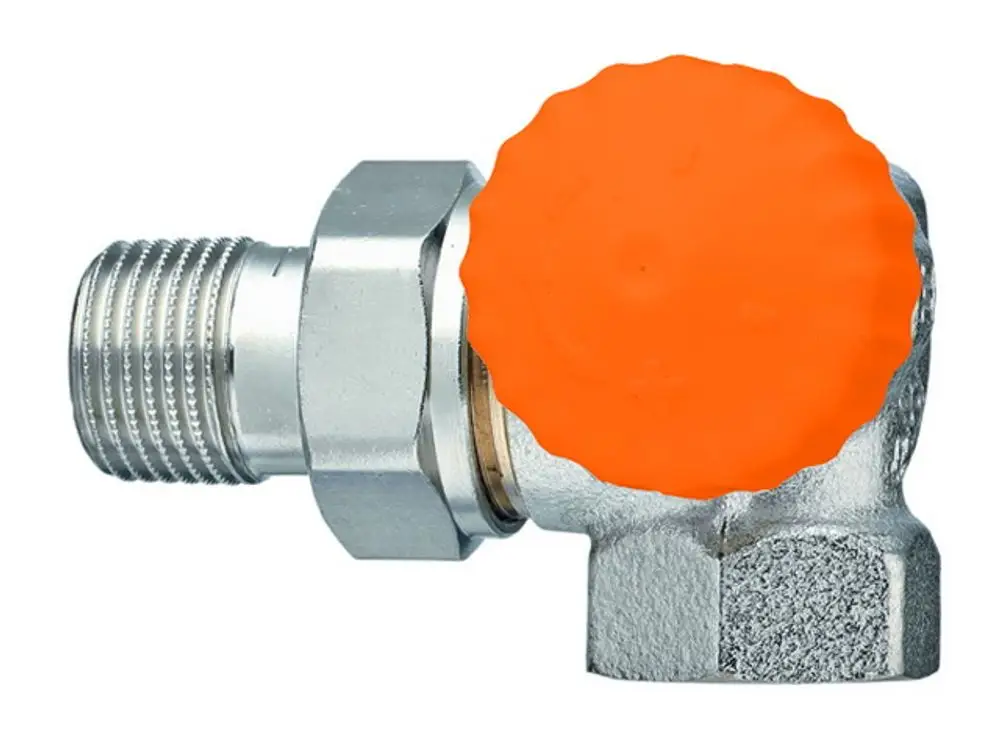 Thermostat-Ventilunterteil im Winkel-Design mit orangefarbenem Drehknopf, gefertigt von IMI Hydronic Engineering, Verbindungselement für Heizungsinstallationen.